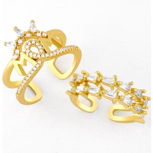 FLOLA Double Layer Crown Mom Open Cuff Rings For Women Adjustable CZ Crystal Ring Gold Plated Jewelry Mothers Day Gift rigk57