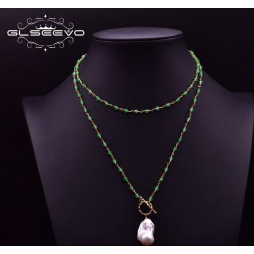 GLSEEVO Natural Green Agate Double Layer Freshwater Baroque Pearl Pendant Luxury Necklace For Women Party Ethnic Jewelry GN0216A