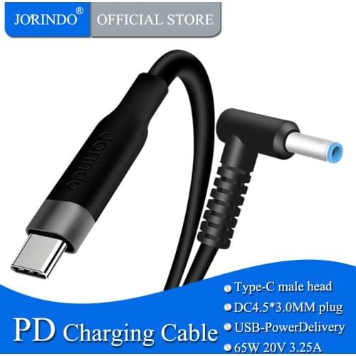 JORINDO type-c male to dc 4.5*3.0mm male pd charger connector adapter cable for hp notebook new，portable 65w ，3A