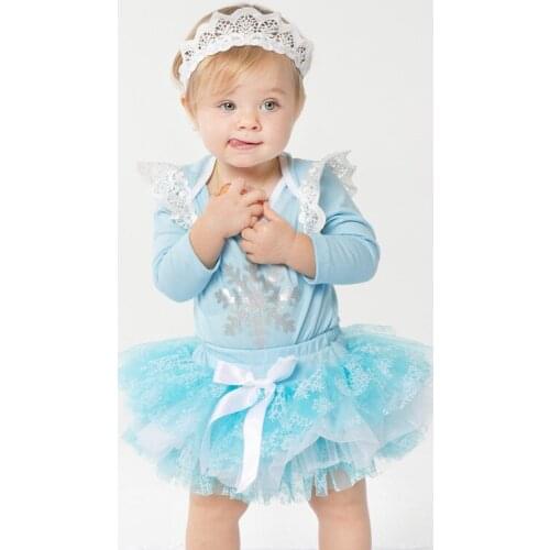 Snowflake Print Baby Girl 3 Piece Set Tutu Dress Lace Crown Headband Long Sleeve Romper Bow Cake Skirt Infant Newborn Clothes