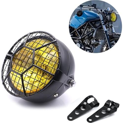 35W retro Motorcycle front grill mesh mask Headlight Cafe Racer Old School head lamp with Football Grill mask cover bracket kits