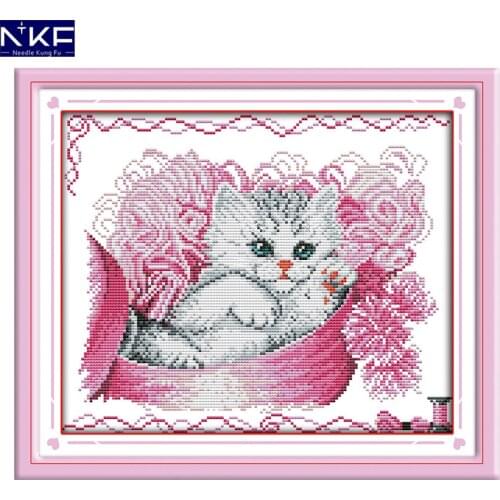NKF Kitten and Wool Animal Cross Stitch Set Handmade Craft Needlework Cross-Stitch Embroidery Kit Cross Stitch for Home Decor