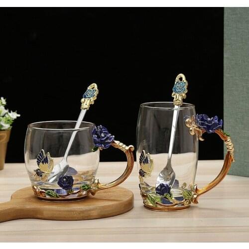 New fashion enamel cup home set creative European style heat-resistant crystal glass business gift enamel flower cup
