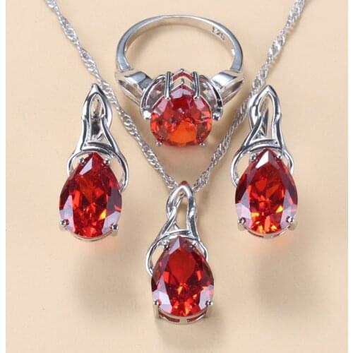 New Arrival 925 Sterling Silver Bridal Jewelry Sets Red Garnet Necklace And Clip Earrings For Women Wedding Accessories Sets