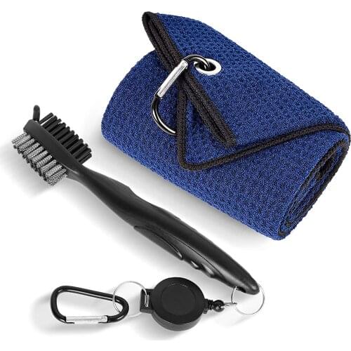 Golf Towel for Golf Bags with Clip,Waffle Pattern Tri-fold Microfiber Towel with Cleaning Brush Retractable Extension Cord,Golf