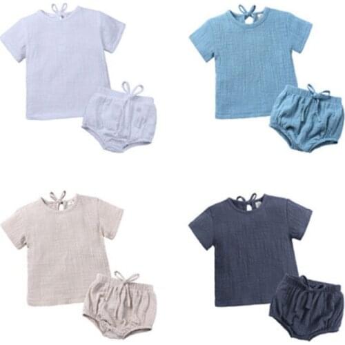 New Fashion Summern Boys Girls Baby Cotton Linen Short-sleeved Shirt + Lace Pp Hot Pants Two-piece Unisex 6M-4Y Casual Style