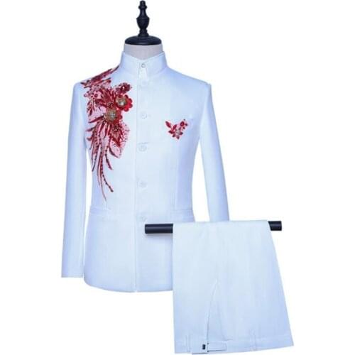 Stand collar white blazer men Chinese tunic suit set with pants mens wedding suits costume singer stage clothing formal dress