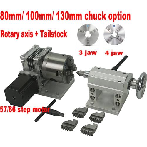 DIY CNC 4th A Rotary Axis Tailstock 80mm 100mm 130mm Chuck CNC dividing head Rotation Axis kit for Mini CNC with 3 4 jaw chuck