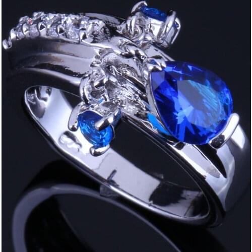 Sweet Water Drop Blue Cubic Zirconia White CZ Silver Plated Ring V0399