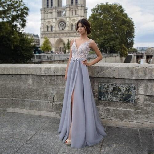 UZN Sexy A-line Evening Dress V-Neck Lace Appliques Beading Hight side Split Prom Gown Sleeveless Tulle Party Dress Customized