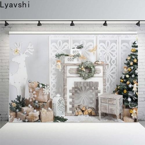 Lyavshi Photography Backdrops Christmas Tree Stairs Wood Floor Fireplace Portrait Vinyl Photographic Backgrounds