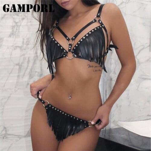 GAMPORL Leather Body Harness Women Sexy 2pcs Erotic Lingerie Fetish Garter Belt Stockings Sexy Suspenders Gothic Chest Harness