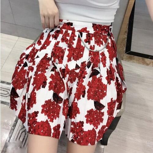Floral Print Women Summer Pleated Mini Skirt Ladies Fashion Wrap Short Skirts With Chain Decor New