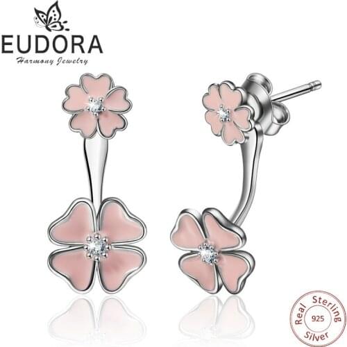 EUDORA Real Pure 925 Sterling Silver Jewelry Pink Cherry Blossom Flower Drop Earring Cubic Zirconia Stone Earrings for Women