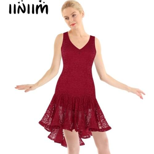 Iiniim Women Ruffled High Low Costumes for Latin Samba Dance Dress Ballroom Dancewear Adult Performance Costume Lace Dance Dress