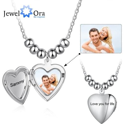JewelOra Customized Photo Heart Locket Necklaces for Women Personalized Engraving Name Stainless Steel Pendant Anniversary Gifts
