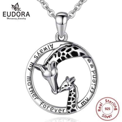 EUDORA New 925 Sterling Silver two giraffe Pendant Heart Necklace Sterling Silver Jewelry for Women Exquisite Party Gift D615