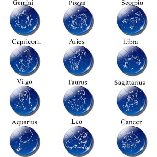 12 Horoscope Constellations Night Sky Star Zodiac Sign 25mm Round Glass Cabochon Jewelry Friends Lover Birthday Gift 5PCS/SET