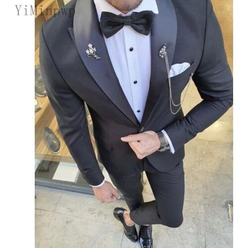 Black Men Suits Shawl Lapel One Button Wedding Suits for Mens Formal Business Suits Set Blazer Jacket Men 2 Piece Coat+Pant