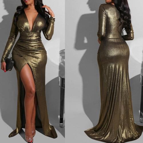Womens Long Sleeve Metallic Dress Sparkly Shiny Maxi Dresses Bodycon Club Party HSJ88
