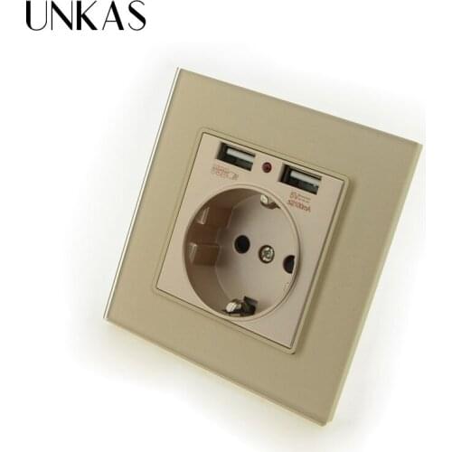 EU Standard Electrical Outlet With 2100mA Dual USB Socket Charger Port for Mobile Luxury Glass Panel Wall Power USB Socket 16A