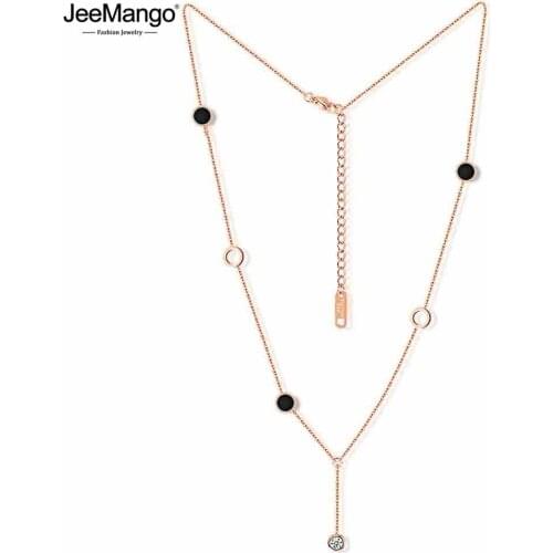 JeeMango Trendy Rose Gold Color Round Circle Tassel Necklace Stainless Steel Cubic Zirconia Chains Necklace Jewelry JN17060