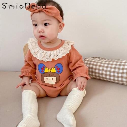 Ins Spring And Autumn Girls Rompers Big Lace Collar Bag Fart Sweet Lace Long Sleeve One-piece Creeping Bodysuit With Hair Band