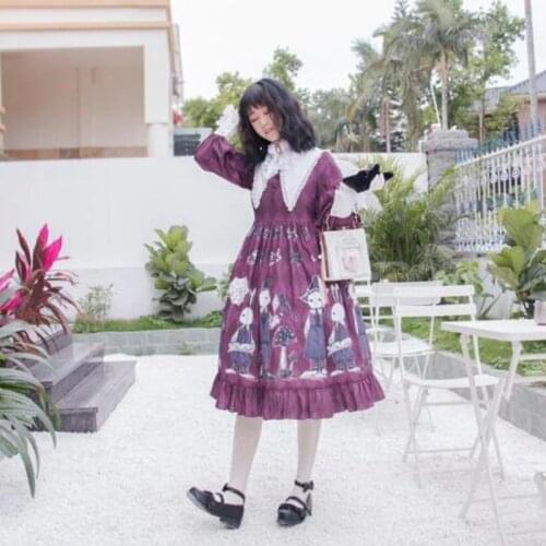 Loli Cos Gothic Lolita OP Lolita Dress Cute Printing Ruffled High Waist Bowknot Victorian Dress Simple Kawaii Girl Gothic Dress