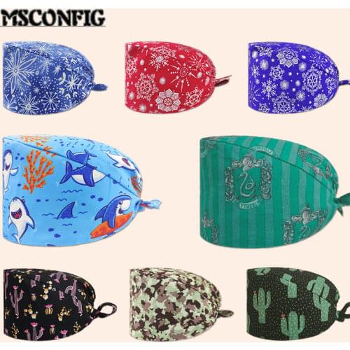 Fashion Cotton Cute Cartoon Print Nurse Cap Adjustable Scrub Hat Beauty Salon Nursing Cap Laboratory Pet Shop Fashion Scrub Cap