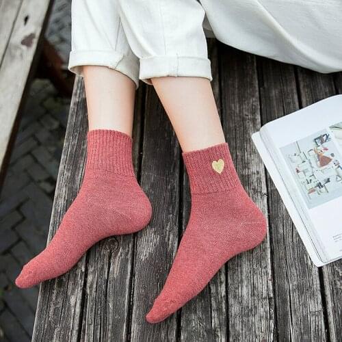 Embroidery Heart Love Glitter Socks Women Fashionable Silver Gold Silk Colorful Shining Sox Shiny Calcetines Mujer Warm Socks
