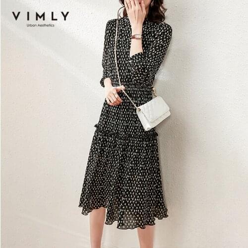 VIMLY Floral Dresses For Women Fashion High Waist Elastic Pleated Dress Vintage Office Lady Maxi Dress Female Vestidos F6806
