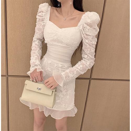 Korean Sexy Fashion Party Prom Woman Dress Tender Sweet Girl Lace Embroidery Square Collar Slim Buttocks Offiec Lady Lace Dress