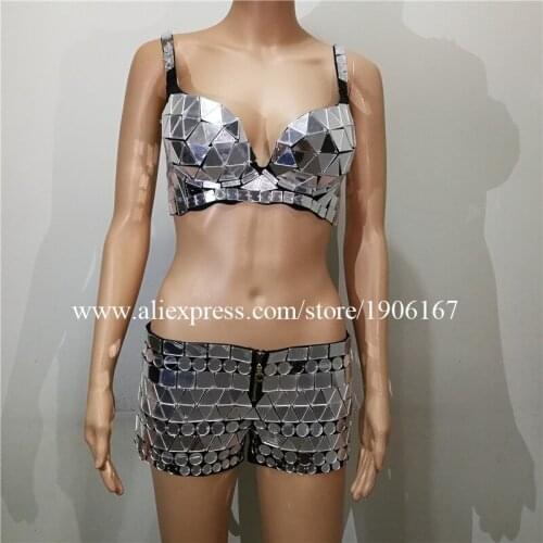 Sexy Lady Evening Mirror Dress Shiny Rocking Style Nightclub DS Clothes Bra Shorts Dance Stage Performance Outfit Suit