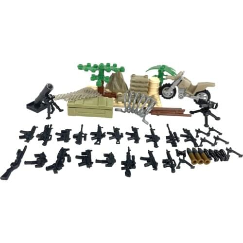 Military Weapon Series Toys For Children Battlefield Simulation Guns Trees Motorcycle Fully Equipped Sandbag Militaries Building
