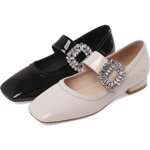 2021 new style rhinestone all-leather small single shoes women patent leather low-heeled square toe temperament small leather sh