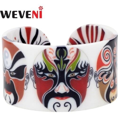WEVENI Plastic Chinese Peking Opera Red Mask Bangles Bracelets Ethnic Vintage Craft Jewelry For Women Girls Ladies Souvenir Gift
