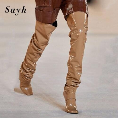 Women Model Pleated Pants Boots Female Genuine Leather High Heel Over Knee Boots Rome Gladiator Ladies Shoes Size 35-43