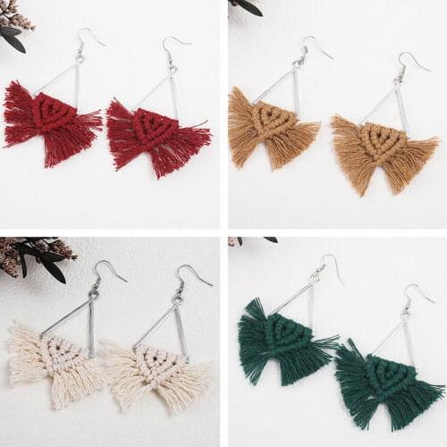 Free Shipping Women Hand Knitting Weeding Jewelry Bohemia Colored Alloy Triangle Thready Tassel Earrings 2021