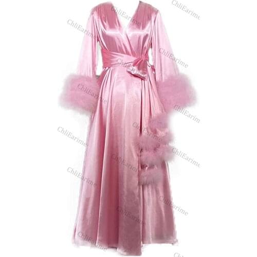 Womens Satin Robe Fur Nightgown Bathrobe Sleepwear Feather Bridal Robe with Belt