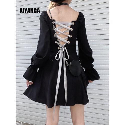 Long Sleeve Dresses Womens Solid Elegant French Female Dress 2020 Autumn Ins Square Collar Mini Temperament High Waist Dress New