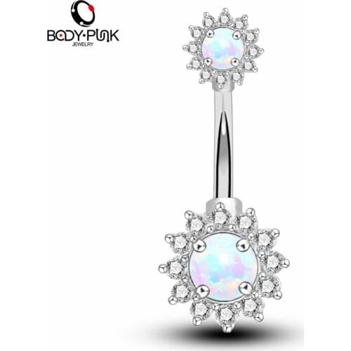 BODY PUNK 14G Surgical Steel With Clear CZ White Blue Synthetic Opal Navel Rings For Women Belly Button Rings
