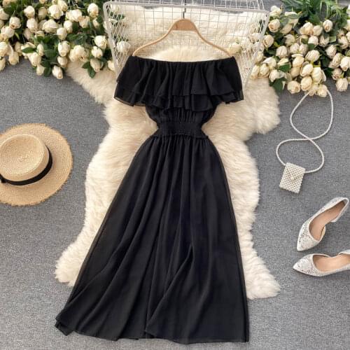 YIZZHOY Slash Neck Cascading Ruffle Medium Length Dress Women Elastic Waistline 2021 Summer Casual A-Line Formal Dresses Lady