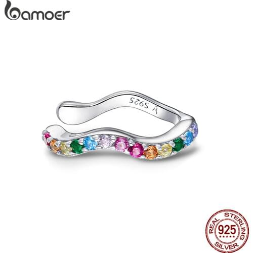 BAMOER 1pc Rainbow Silver Ear Clip for Women 925 Sterling Silver Punk Jewelry Earrings Female and Male Gift Jewelry SCE894