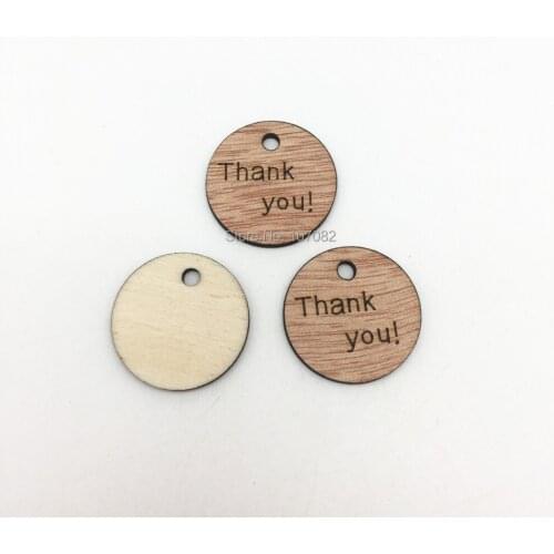 100pcs 25mm Rustic Brown Wood Circle Round Thank you! Tags Disks With Hole Favor Wedding Pendants Embellishments