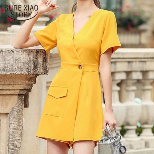 2020 summer Casual Shorts Women Fashion V-neck Loose Button Jumpsuit Women Turmeric High Waist Wide Leg Pants short femme 9329