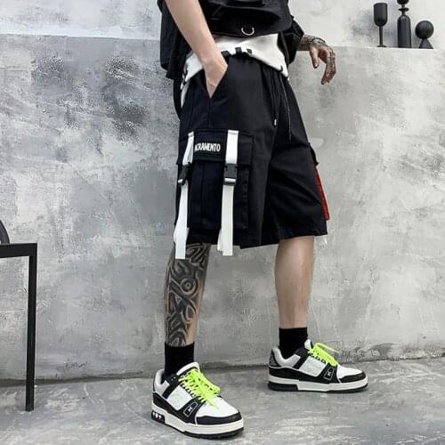 2021 Ribbons Patchwork Hip Hop Cargo Shorts Men Vintage Casual Techwear Short Pants Multi-Pockets Bermudas