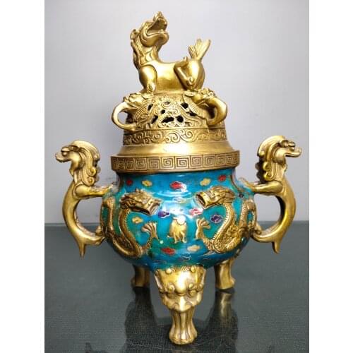 9"Chinese temple collection Old Bronze Cloisonne Enamel Lion statue Long Three-legged incense burner Ornaments Town House