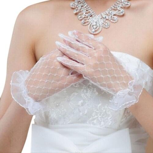 Bride Wedding Gloves Beige Short Design Lace Gauze Transparent Women 2018 UV-Proof Summer Fishnet Mitten R5