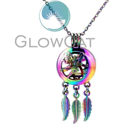 CC800 Rainbow Colors Dream Catcher Flying Fairy Wings Beads Cage Pendant Perfume Diffuser Oyster Pearl Cage Locket Necklace