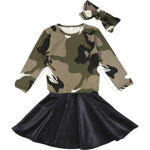 Girls Long Sleeve Dress Kids Dark Green Camouflage Patchwork Casual Dresses Summer Tutu Stylish Clothing